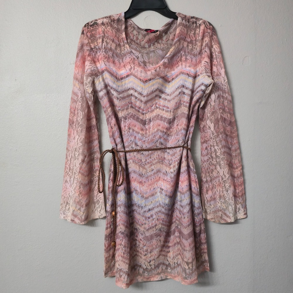 Ruby Rox Pink Chevron Lace Mini Dress Bell Sleeve Boho Belted Large